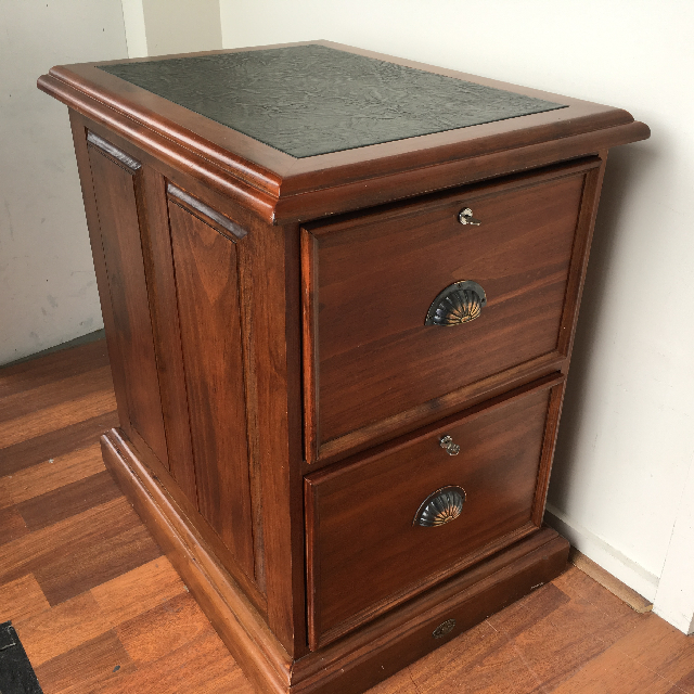 FILING CABINET, Timber w Leather Inlay